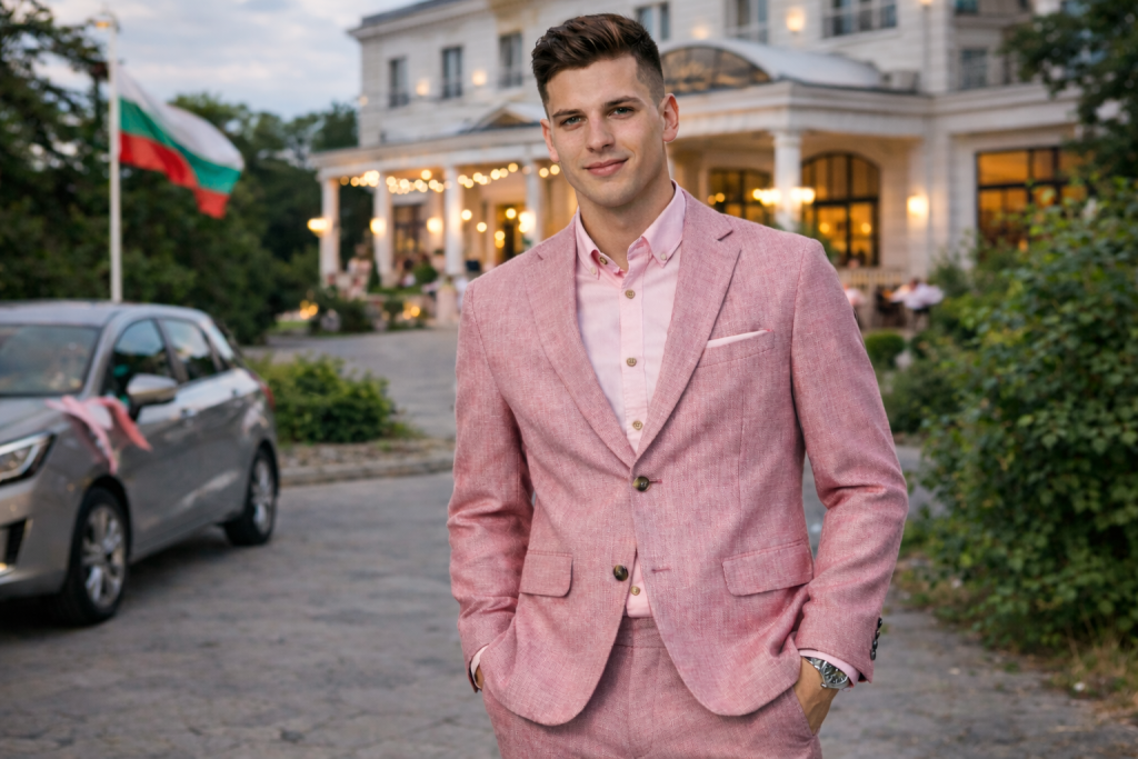 Розов цвят костюм за бал
