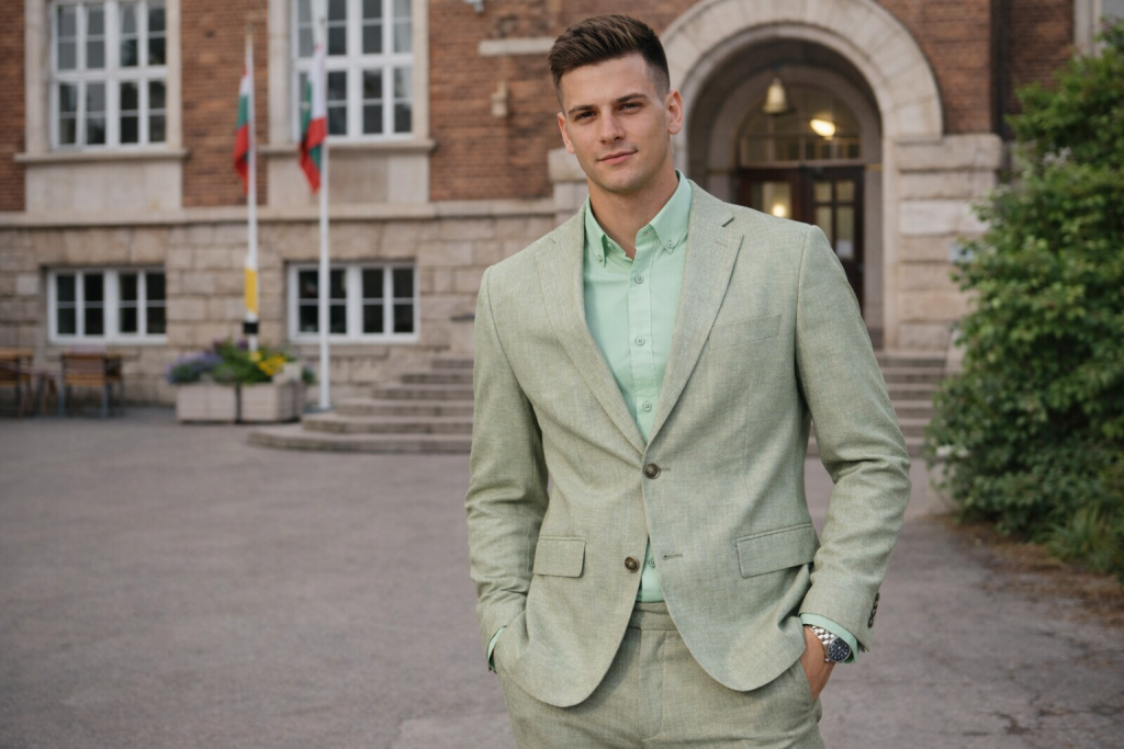 Зелен цвят костюм за бал
